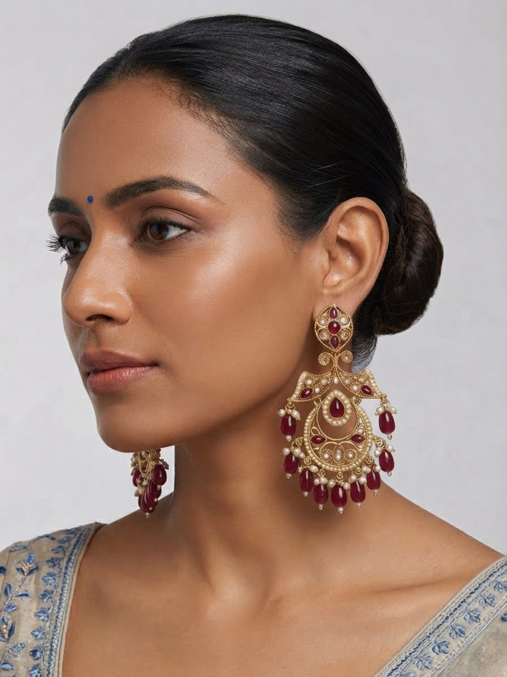 Gold and Ruby Red Chandbali Statement Earrings